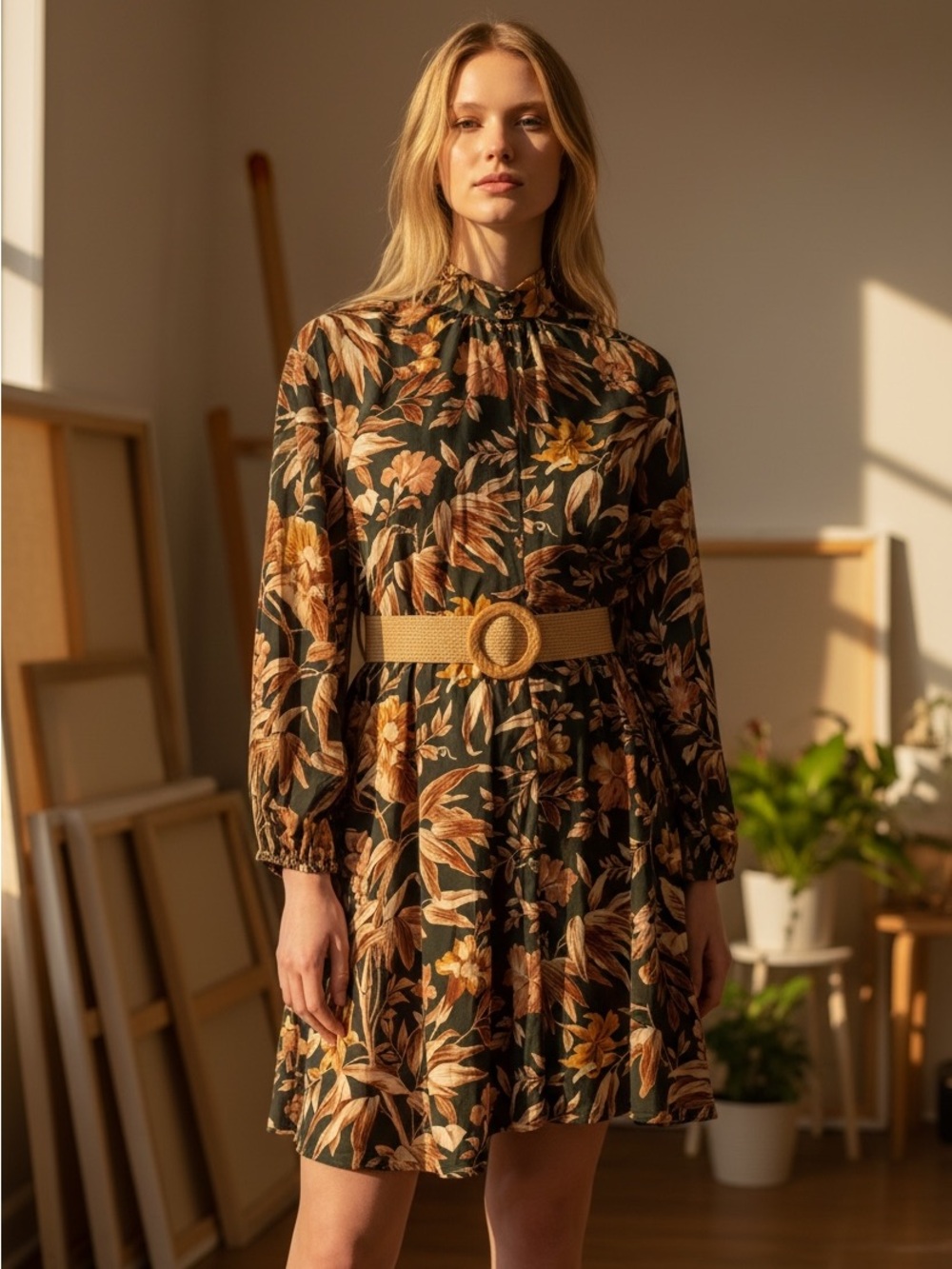 H&M Floral High-Neck Long-Sleeve Dress in Black and Mustard